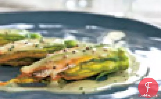 Crab-Stuffed Zucchini Flowers with Mustard Butter Sauce
