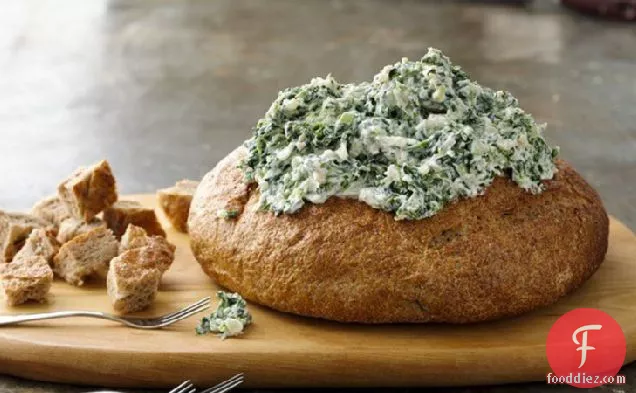 Healthified Spinach Dip in a Bread Bowl