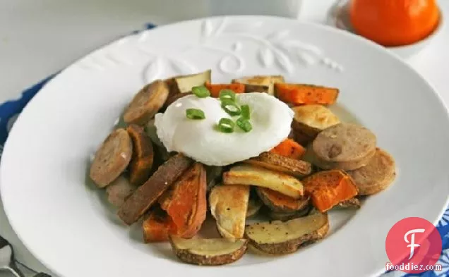 Roasted Two-Potato and Sausage Hash with Poached Eggs