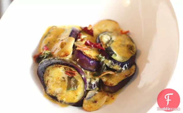Sauteed Eggplant With Garlic Chips And Red Pepper Aioli