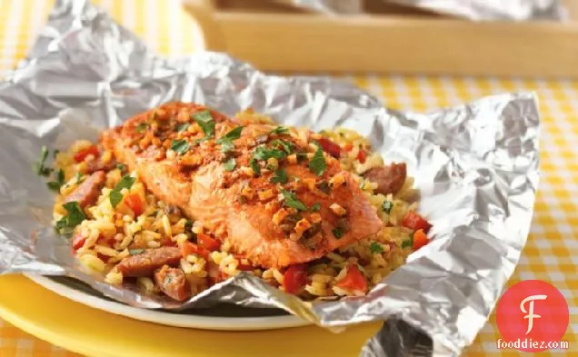 Grilled Salmon Paella Foil Packs