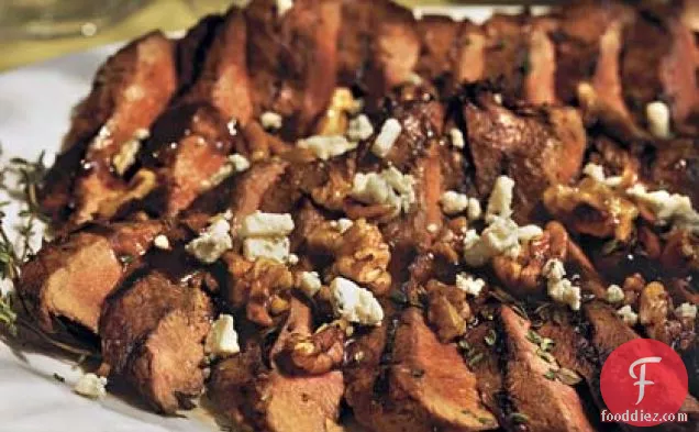 Maple-Mustard-Glazed Balsamic Steaks With Blue Cheese-Pecan Confetti