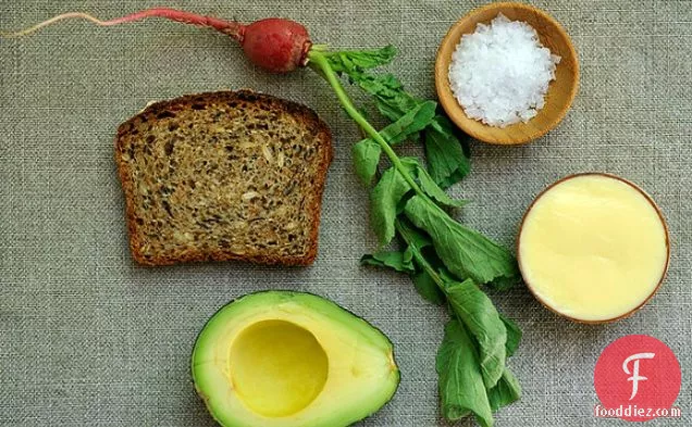Tartine With Mustard Mayo And Mashed Avocado And Radishes With