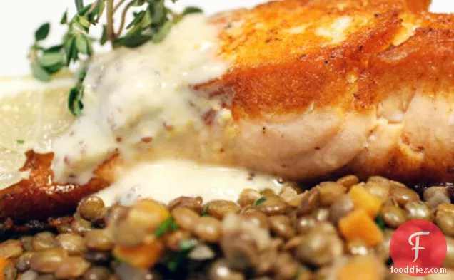 French in a Flash: Crispy Salmon with Lentils du Puy and Two-Mustard Crème Fraîche