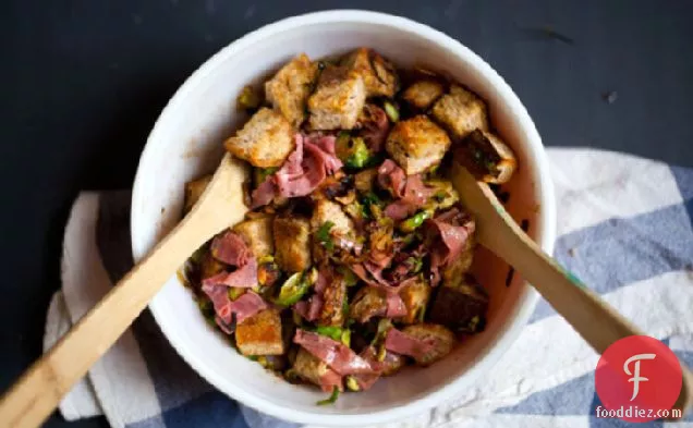 Rye Panzanella Salad with Brussels Sprouts, Pastrami and Dijon Vinaigrette