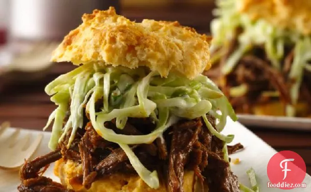 Slow-Cooker BBQ Beef with Creamy Slaw on Cheese-Garlic Biscuits