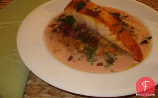 Salmon with Lentils and Pink Horseradish Cream