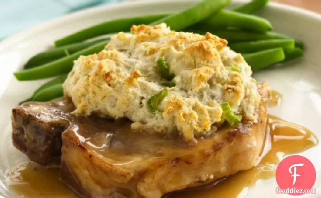 Gravy Pork Chops with Stuffing Biscuits