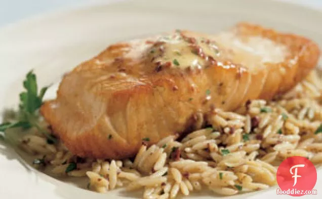 Roasted Salmon With Olive-mustard Butter And Orzo