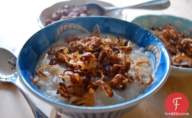Gingery Congee With Pork And Crispy Shallots