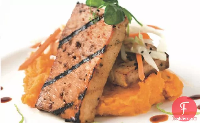 Tal Ronnen's Agave Lime Grilled Tofu with Asian Slaw and Mashed Sweet Potatoes