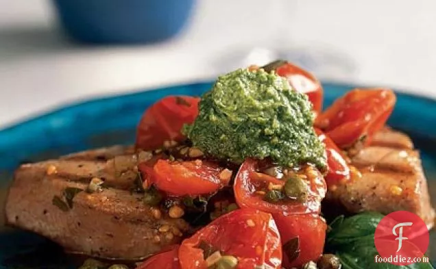 Grilled Tuna with Basil Butter and Fresh Tomato Sauce