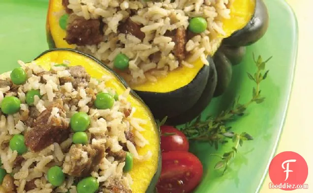 Squash with Vegetarian Sausage and Rice Stuffing