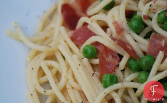 Pancetta And Peas With Spaghetti And Egg