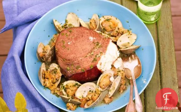 Hot Smoked Swordfish with White Clam-Garlic-Parsley Sauce