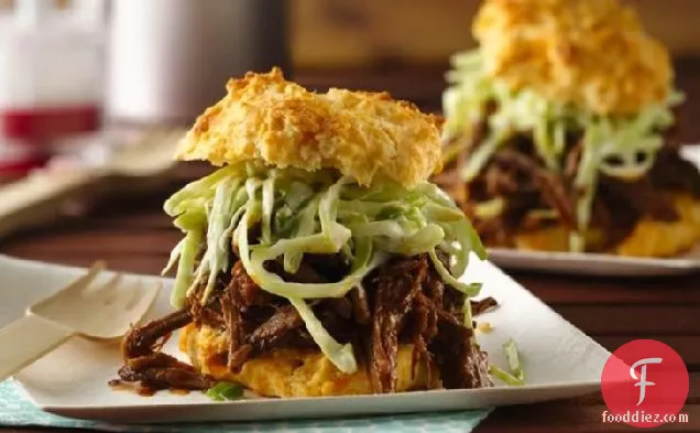 BBQ Beef with Creamy Slaw on Cheese Garlic Biscuits