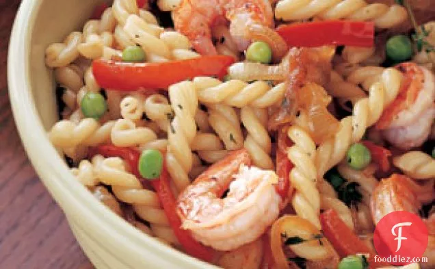 Gemelli With Shrimp, Red Bell Peppers, And Peas