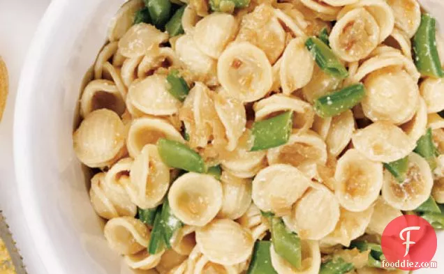 Orecchiette With Caramelized Onions, Sugar Snap Peas, And Ricot