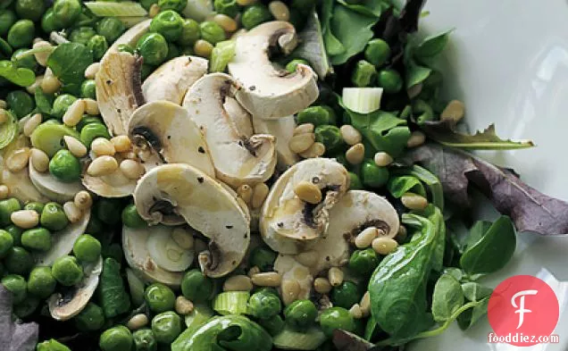 White Mushrooms, Peas And Mixed Leaves