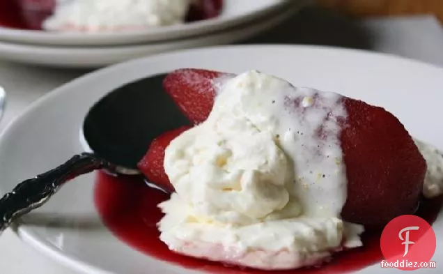 Pomegranate-Poached Pears with Orange-Ginger Mascarpone Whipped Cream
