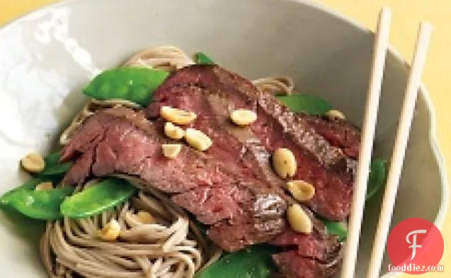 Asian Noodle Bowls With Steak And Snow Peas