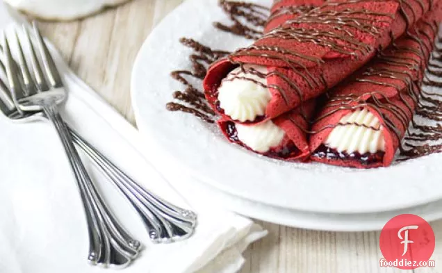 Red Velvet Crepes with Raspberry & Sweet Cream Cheese Filling