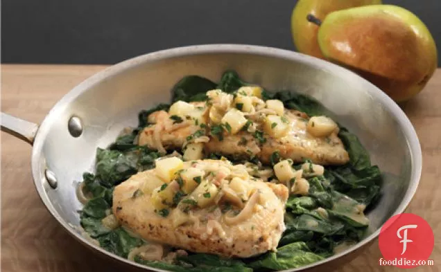 Crispy Chicken Cutlets with Pears, Shallots, and Wilted Spinach