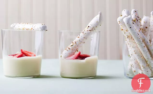 Lemon Pudding with Strawberries and Meringue Cigars