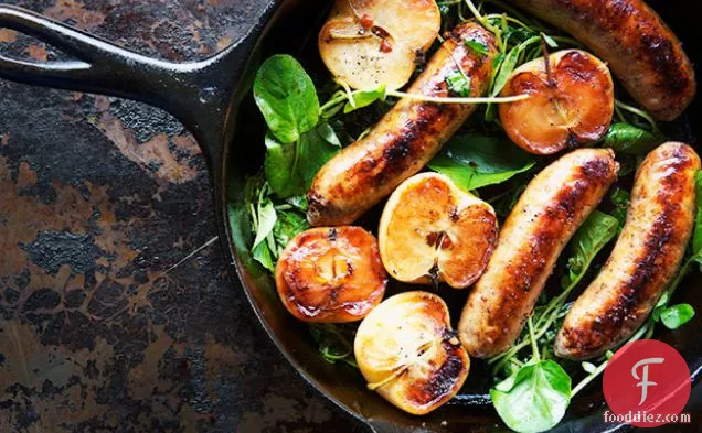 Pan-Seared Sausage with Lady Apples and Watercress
