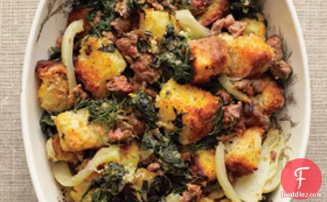 Spinach, Fennel, and Sausage Stuffing with Toasted Brioche