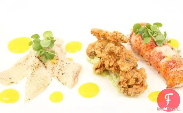 Poached Lobster Tails, and Fried Oyster with Mango and Avocado Purée