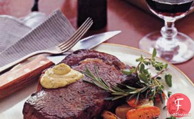 Roasted Rib-Eye Steak with Herbed Mustard Sauce and Root Vegetables
