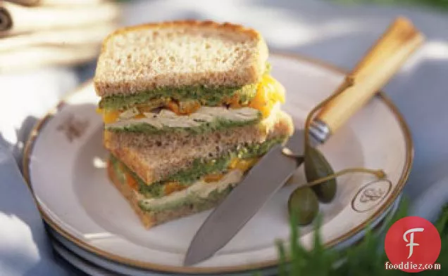 Chicken and Roasted Pepper Sandwiches with Cilantro Almond Relish