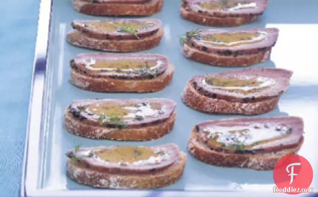 Dill-Cured Pork Crostini with Sweet Mustard Sauce
