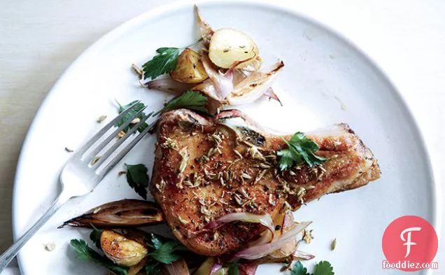 Fennel-Crusted Pork Chops with Potatoes and Shallots