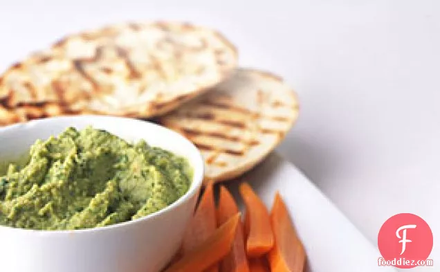 Chickpea Cilantro Dip with Grilled Pita and Carrot Sticks