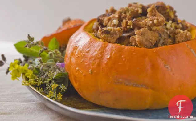 Neo-Classical Thanksgiving Dressing with Apricots and Prunes, Stuffed in a Whole Pumpkin