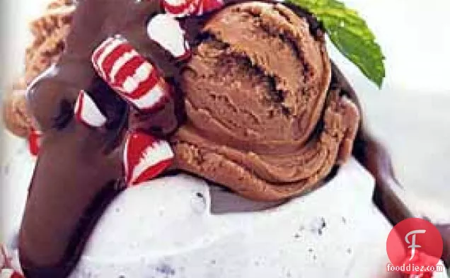 आइसक्रीम, पेपरमिंट कैंडीज और चॉकलेट-मिंट सॉस के साथ चॉकलेट चिप मेरिंग्यू