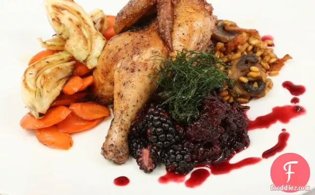 Roasted Poultry, Wild Boar Bacon, and Mushroom Farro with Pan-Roasted Fennel and Carrots