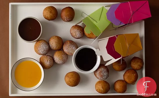 Bomboloni with Chocolate Espresso, Whisky Caramel, and Clementine Sauces