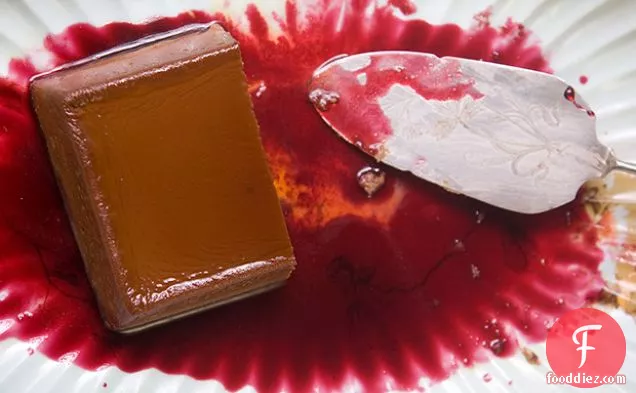 Creamy Chocolate-Cheese Flan with Hibiscus Sauce