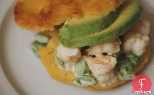 Shrimp & Snap Pea Salad Arepas With Avocado And Lime