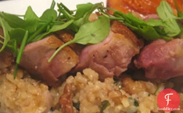Duck Breast with Roasted Peaches and Walnut-Parsley Fried Rice