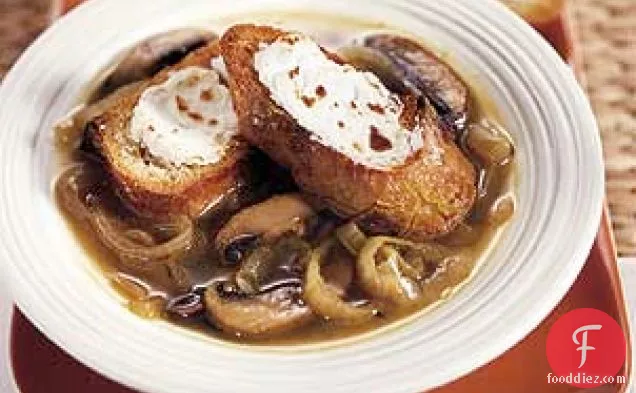 Caramelized Onion and Portobello Mushroom Soup with Goat Cheese Croutons