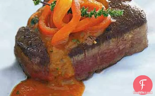 Pan-Seared Filet Mignon with Red Bell Pepper, Tomato, and Basil Sauce