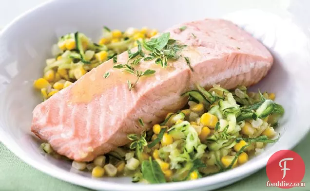 Poached Salmon with Corn and White Wine-Butter Sauce