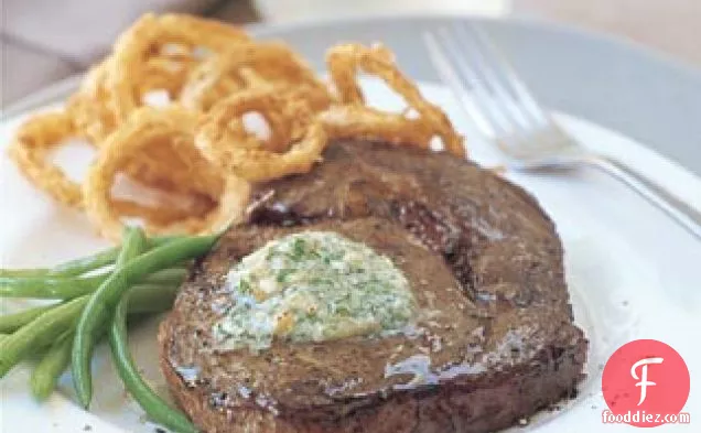 Rib-Eye Steaks with Gorgonzola Butter and Crispy Sweet Onion Rings