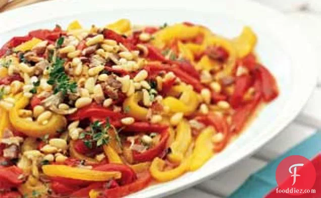 Roasted Red Pepper Salad with Bacon Dressing and Pine Nuts