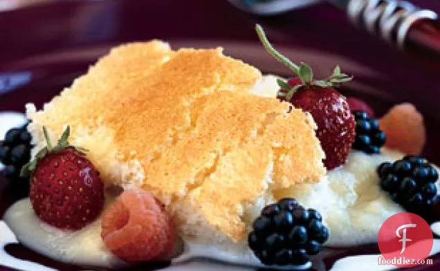 Meyer Lemon Buttermilk Pudding Cake with Fresh Berries