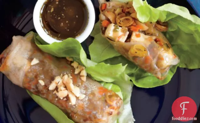 Crispy Spring Rolls with Spicy Tofu, Vegetables, and Toasted Nuts